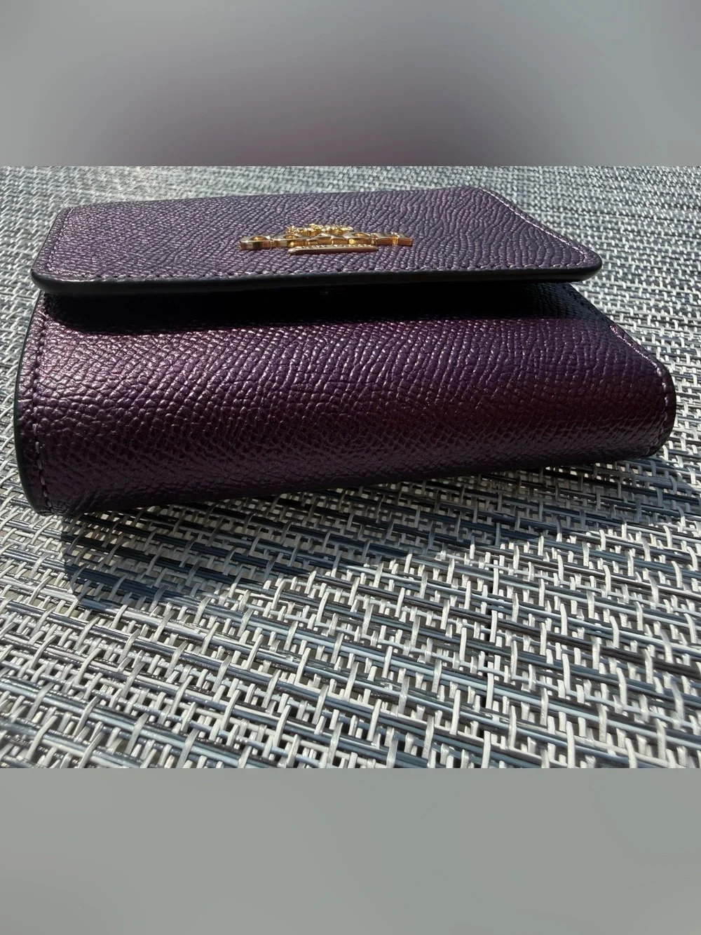 Coach metallic purple trifold button wallet